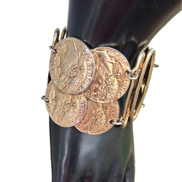 ART Jewelry - Vintage ART Signed Coin Medallion Bracelet Gold Tone Etruscan Revival